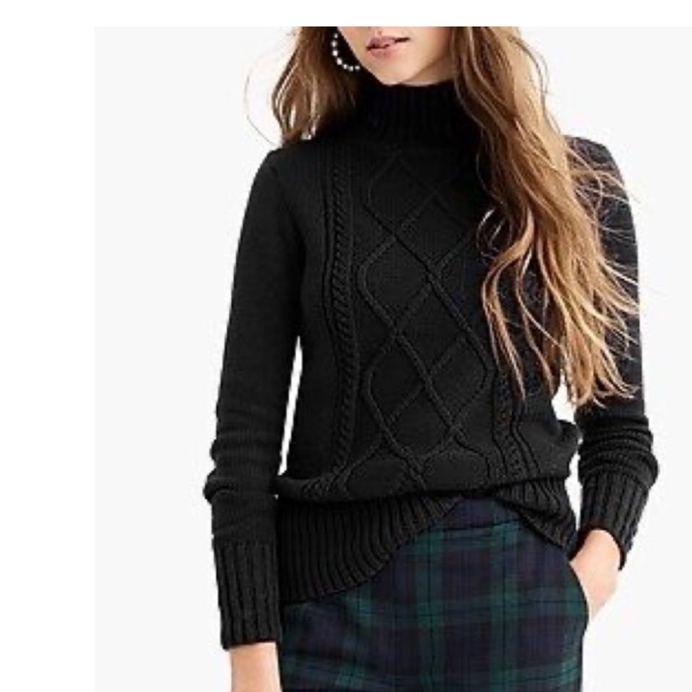 J Crew XS Black Cambridge Cable Knit Turtleneck Sweater Cozy Wool Blend‎ Warm